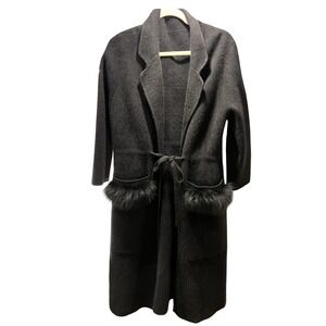 Black 100% Mink Cashmere Women's Cardigan Duster Coat Tie Front M
